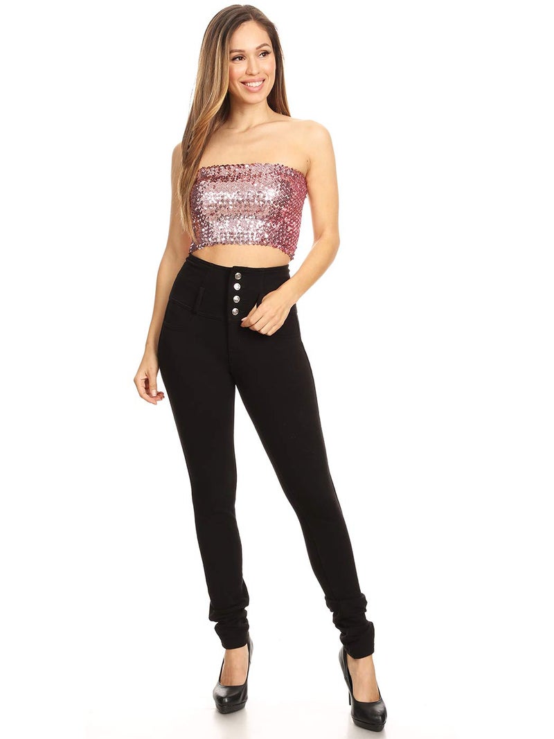 Anna-Kaci Womens Shiny Sequin Party Cropped Strapless Bandeau Stretch Tube Top, Pink, Small - Medium - Image 5